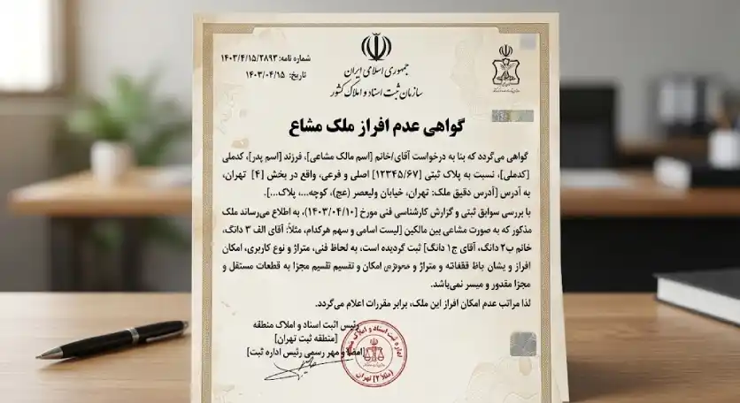 گواهی عدم افراز ملک مشاع صادره از اداره ثبت